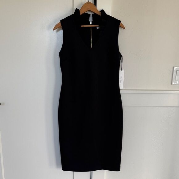 Calvin Klein Elegant Black Sleeveless V-Neck Dress Stretchy Gold Zipper Sz 6 NWT - Picture 2 of 13